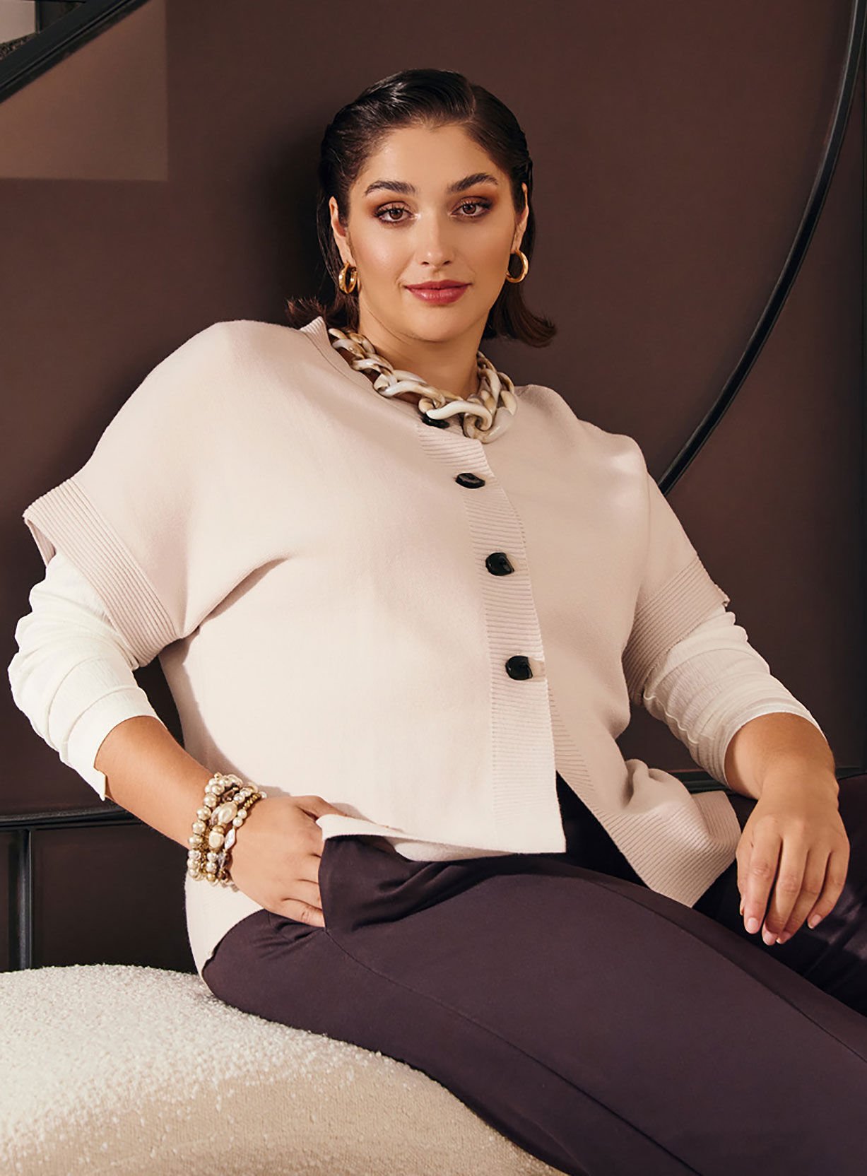 Woman in all Cream Knitwear Outfit