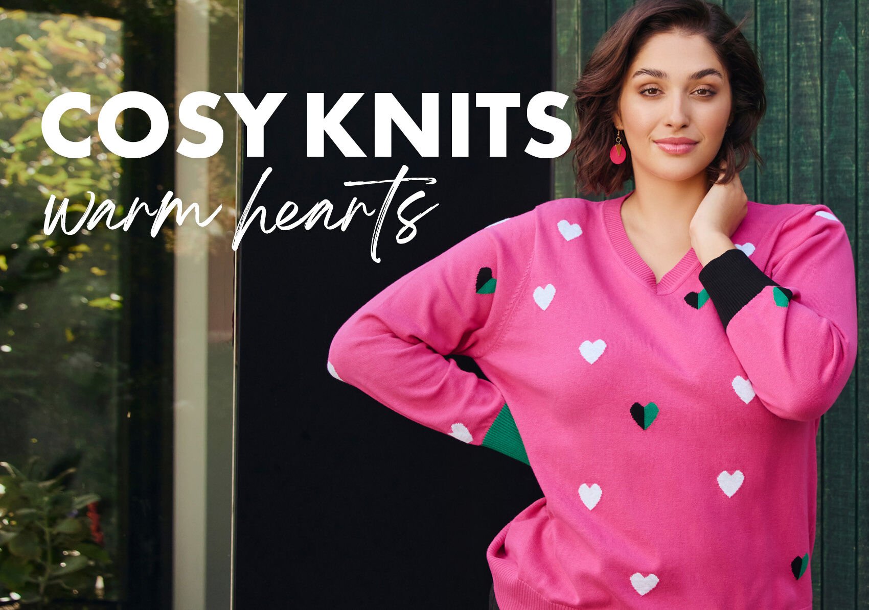 Woman in Pink Heart Spotted Cozy Knitted Jumper
