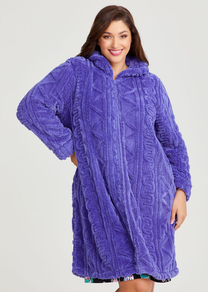 Plush Hooded Zip Up Dressing Gown, , hi-res