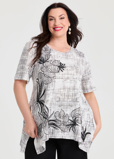 Plus Size Natural Slub Floral Check Top