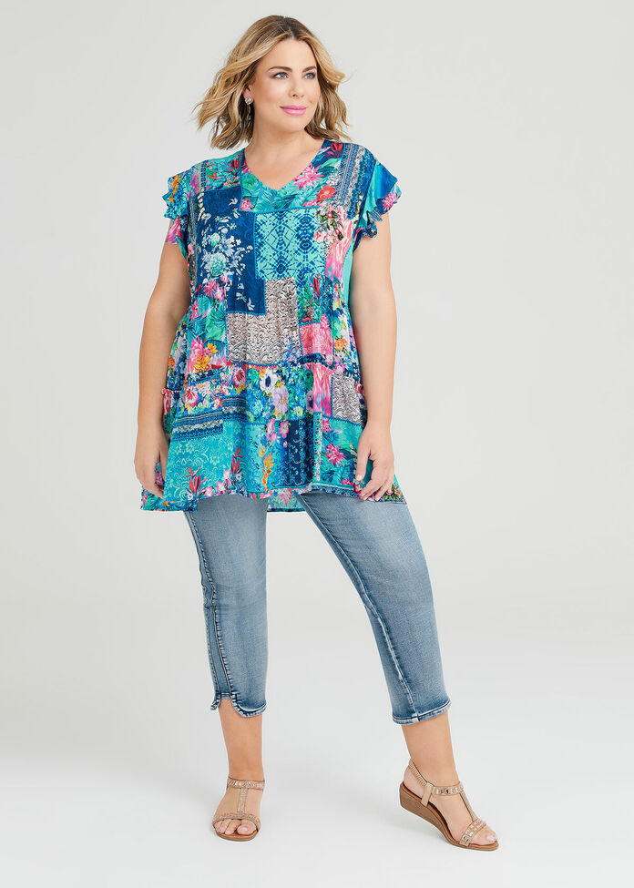 Curved Hem Denim Capri Pant, , hi-res