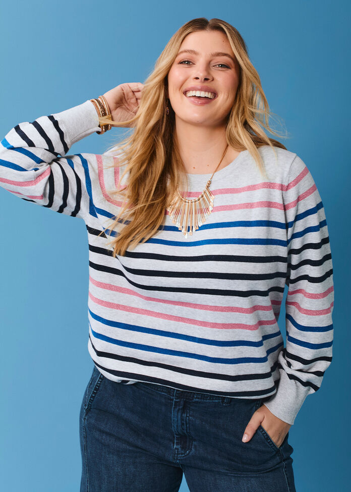 Lurex Stripe Crew Neck Jumper, , hi-res