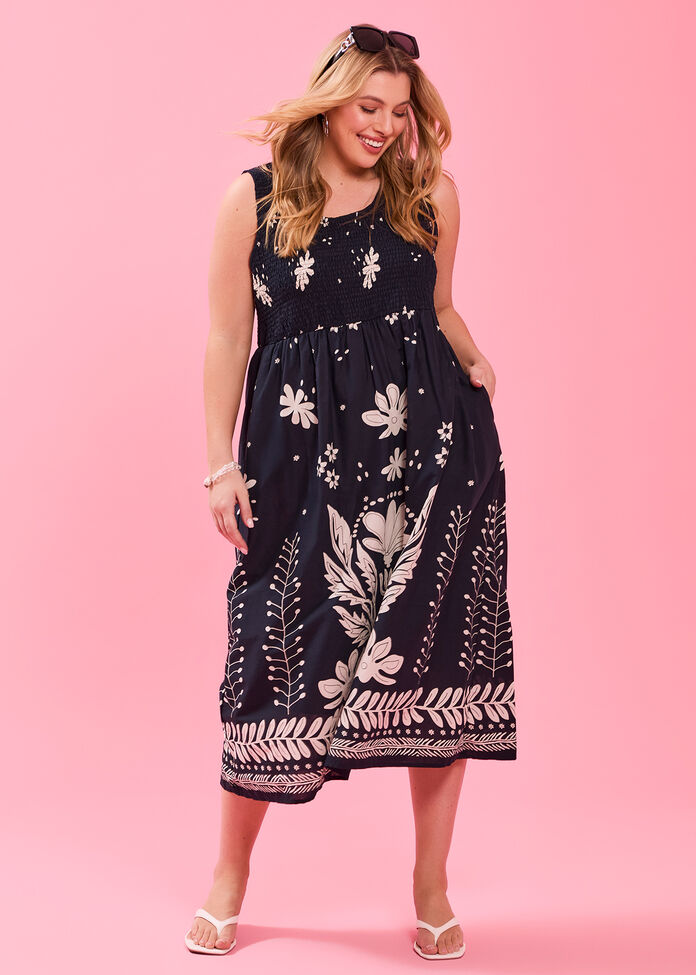 Cotton Shirred Floral Dress, , hi-res