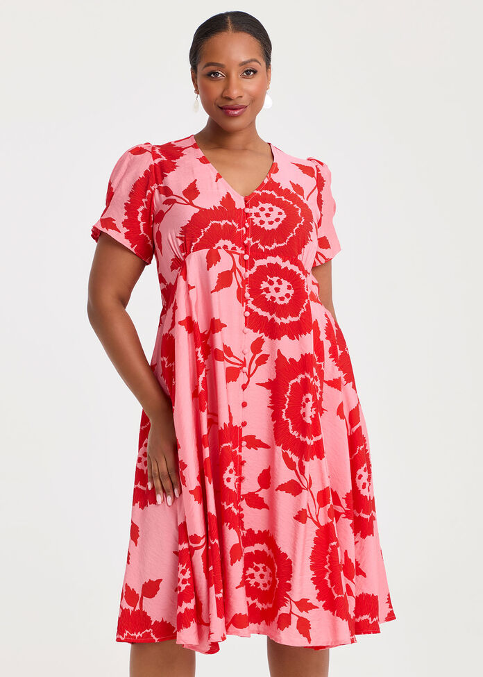Natural Button Thru Flora Dress, , hi-res