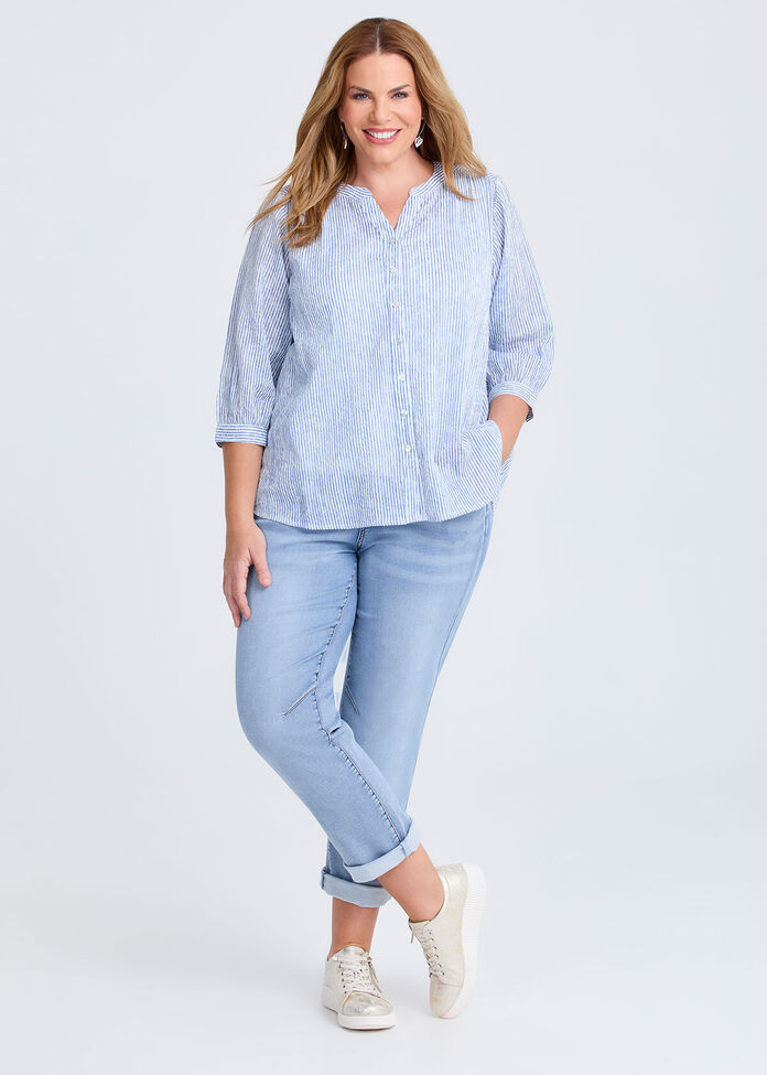 Cotton Stripe Button Top, , hi-res