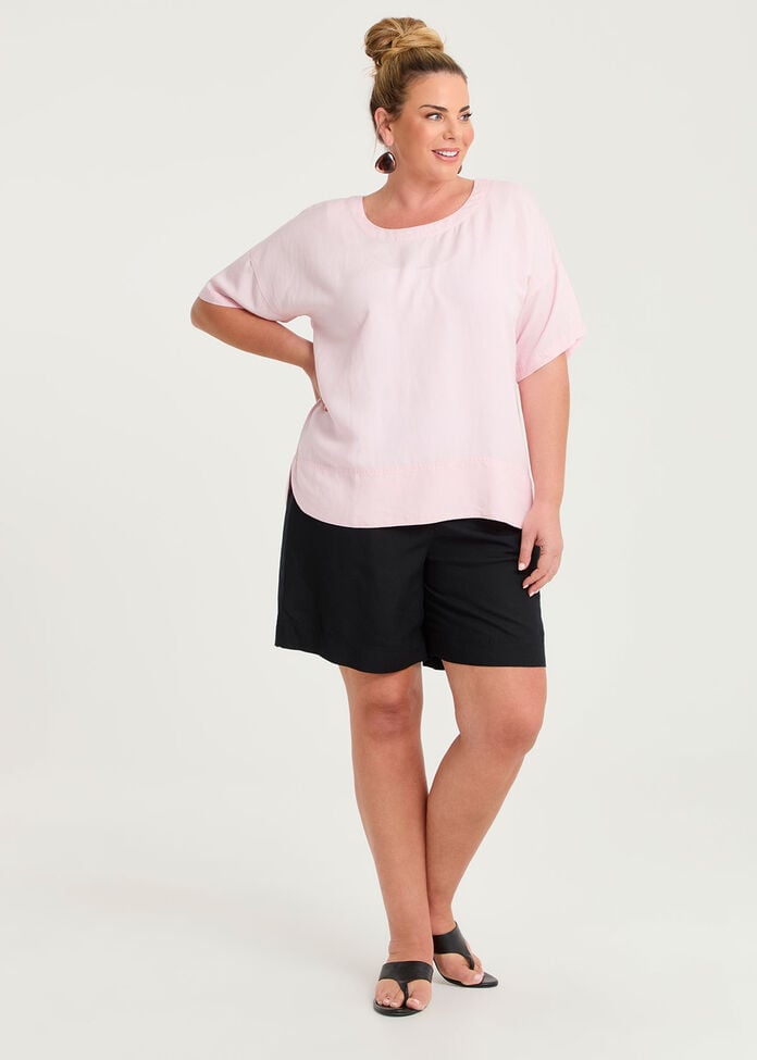 Linen Blend Curved Hem Top, , hi-res