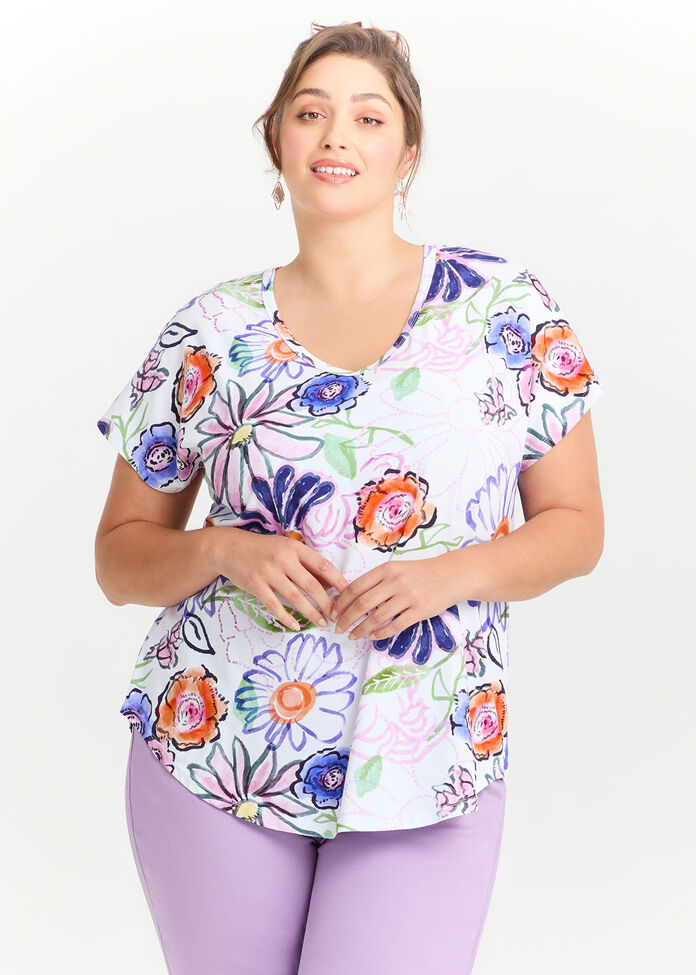 Cotton Floral Embroidery T-shirt, , hi-res