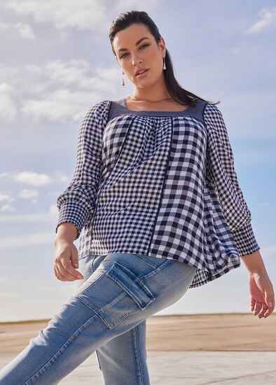 Plus Size Natural Gingham Spliced Top
