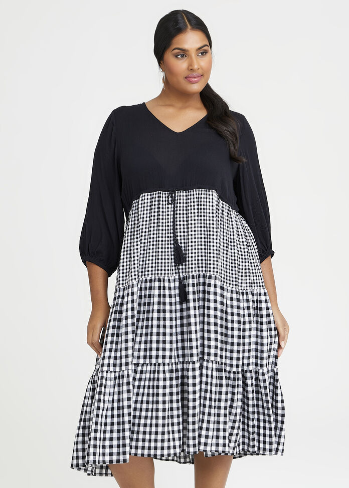 Shop Plus Size Natural Gingham Mix Tiered Dress in Multi | Taking Shape AU