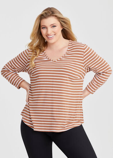 Plus Size Natural Stripe 3/4 Sleeve T-shirt