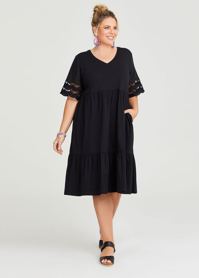 Shop Plus Size Cotton Scallop Sleeve Dress in Black | Sizes 12-30 ...