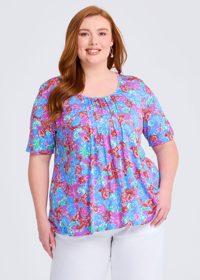 Printed Pintuck Top, , hi-res