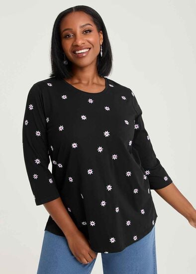 Plus Size Cotton Embroidery Daisy T-shirt