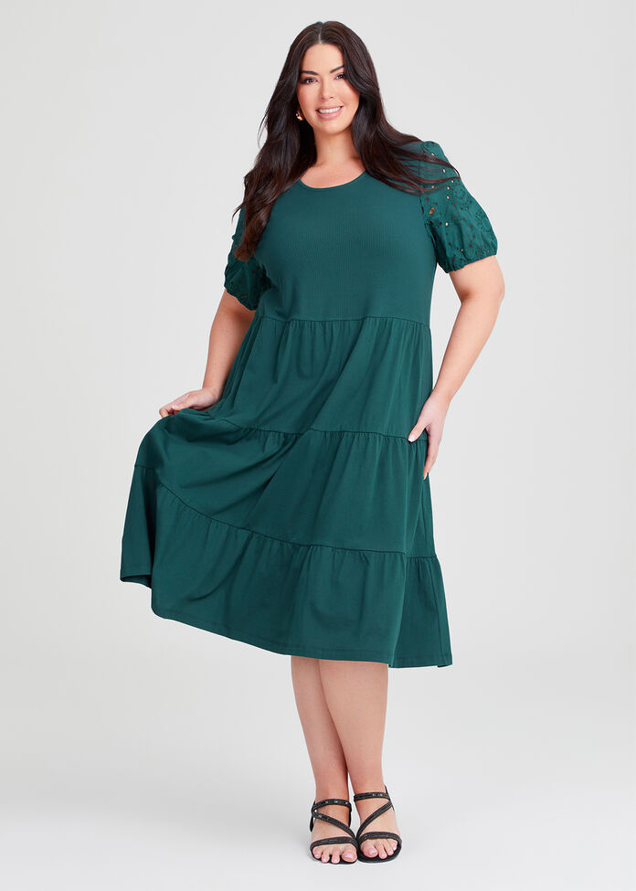 Shop Plus Size Cotton Mix Broderie Sleeve Dress, Green | Taking Shape AU Shop Plus Size Cotton Mix Broderie Sleeve Dress, Green | Taking Shape AU
