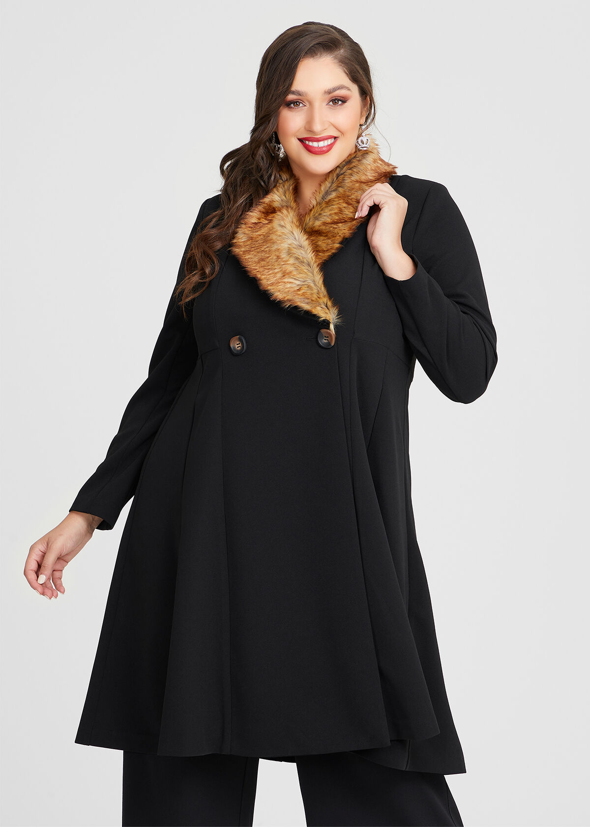 Grey faux fur discount collar swing coat