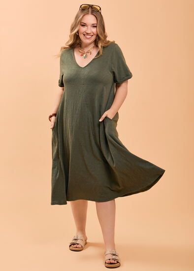 Plus Size Cotton V-neck Swing Dress