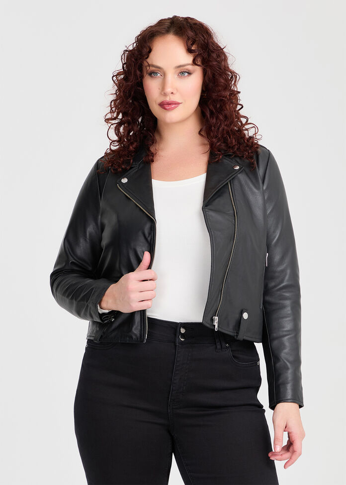 Shop Plus Size Leather Biker Zip Jacket, Black Taking Shape AU - Main Image