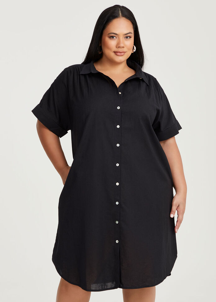 Shop Plus Size Cotton Linen Shirt Dress, Black Taking Shape NZ