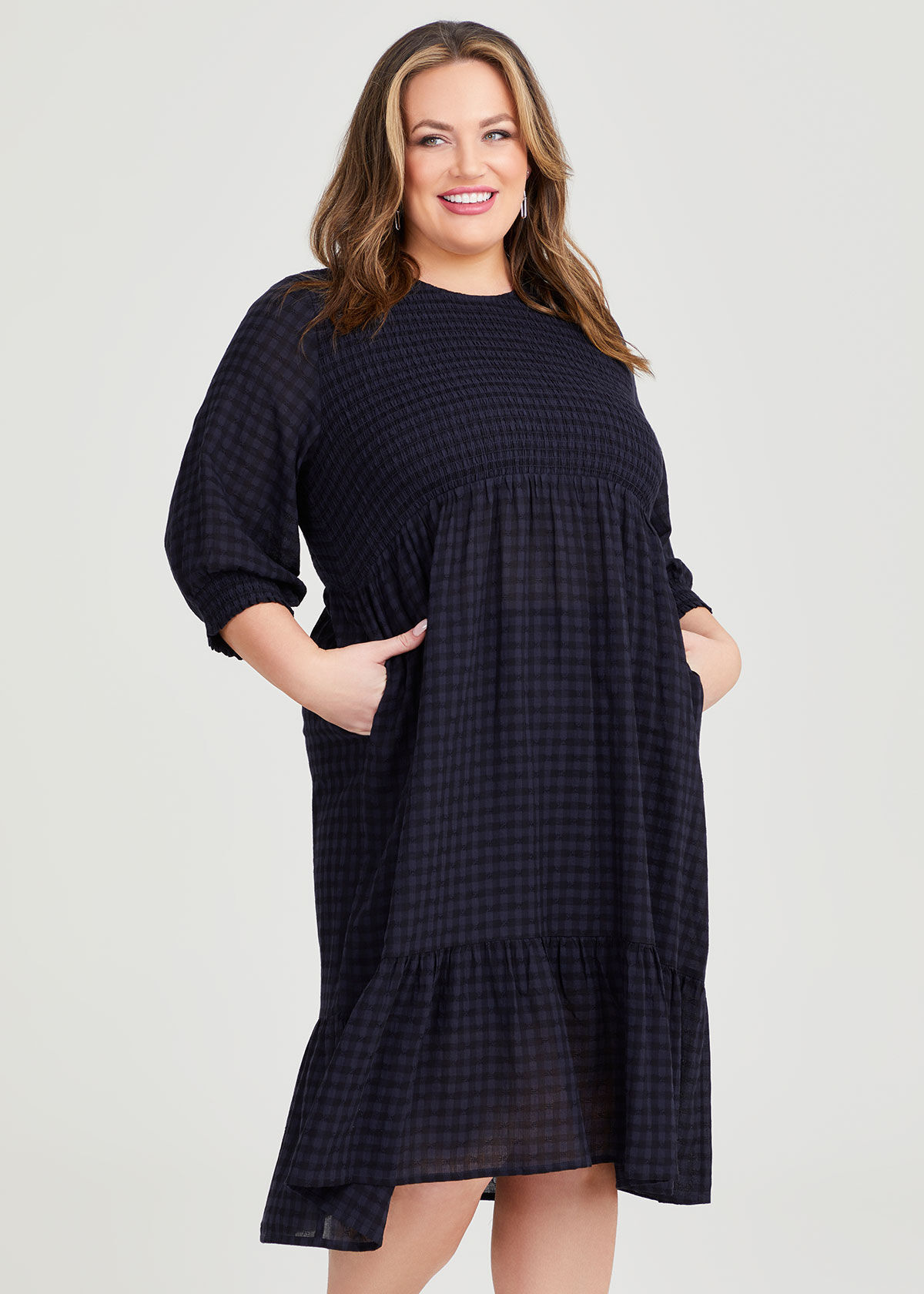 Cotton Gingham Shirred Dress