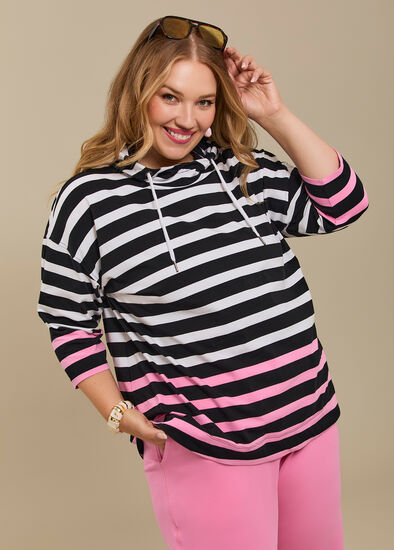 Plus Size Cotton Stripe Hooded Top