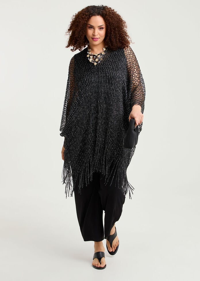 Metallic Open Weave Poncho, , hi-res