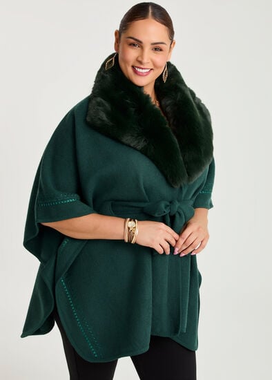 Embroidered Fur Tie Up Cape