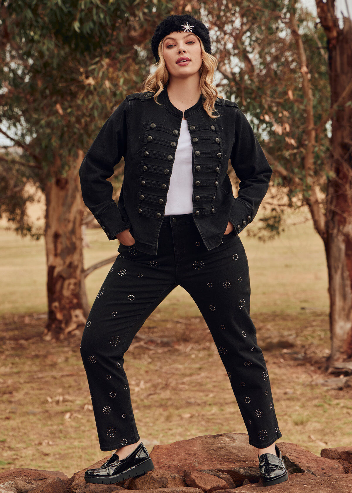 Shop Plus Size Military Style Denim Jacket in Black Taking Shape AU