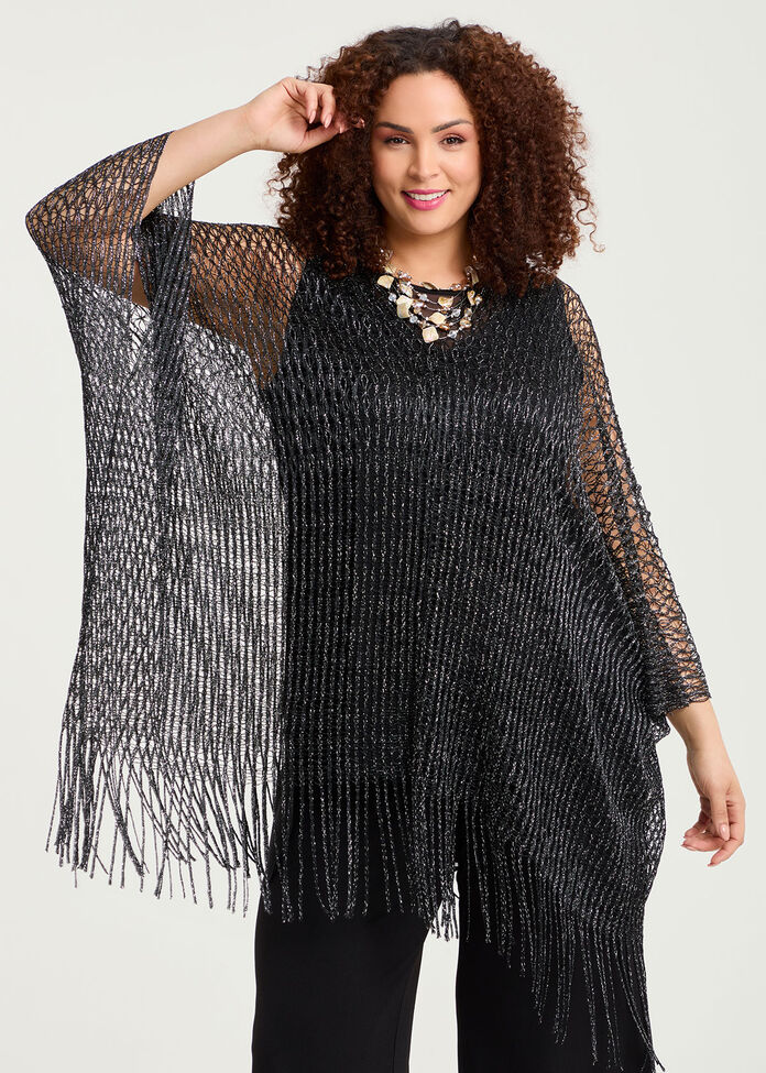 Metallic Open Weave Poncho, , hi-res