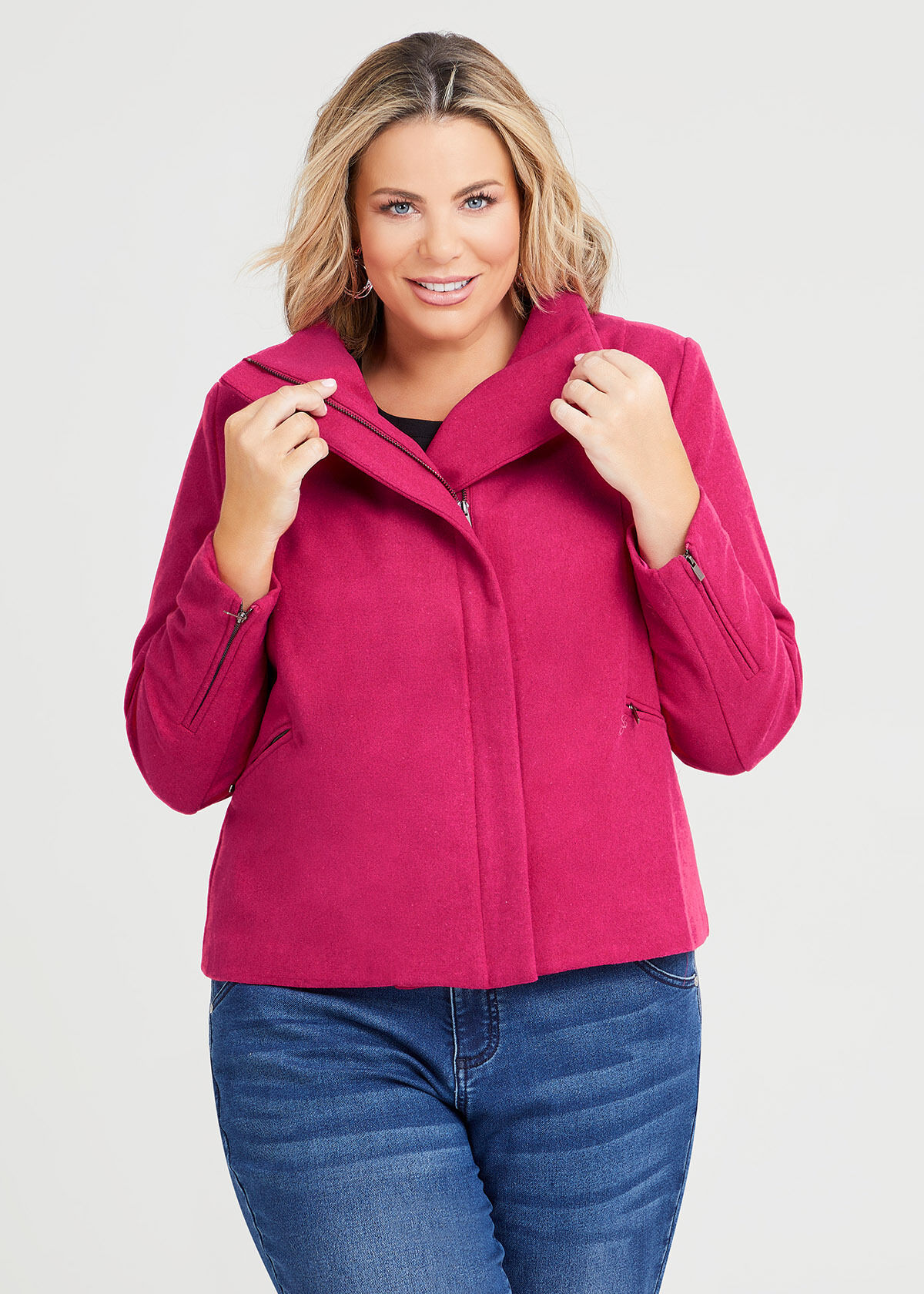 Shop Plus Size Asymmetrical Zip Jacket in Pink Sizes 12 30 Taking Shape NZ