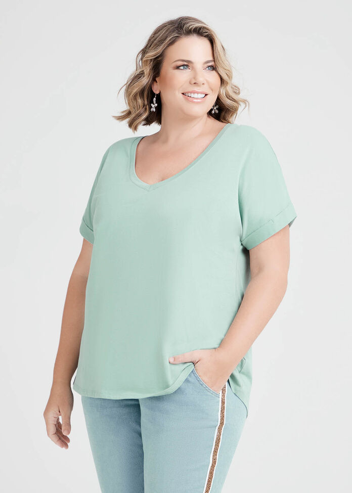 Organic Cuff V-neck Basic Tee, , hi-res