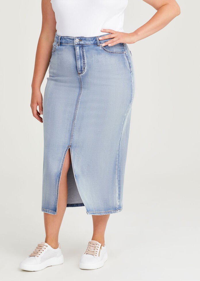 Cotton Blend Denim Maxi Skirt, , hi-res
