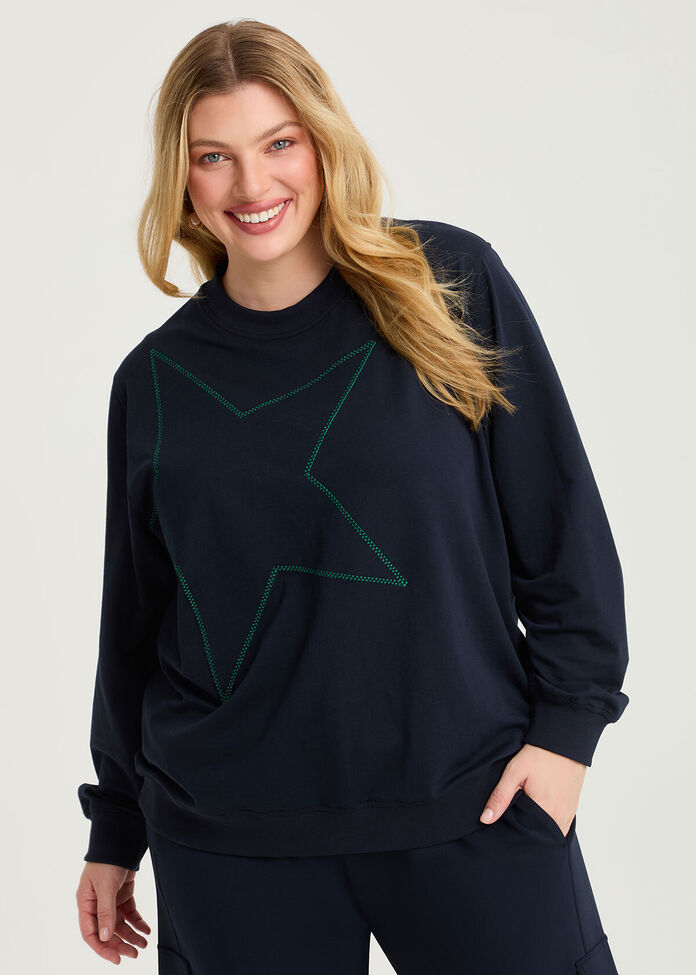 Cotton Embroidery Star Sweatshirt, , hi-res