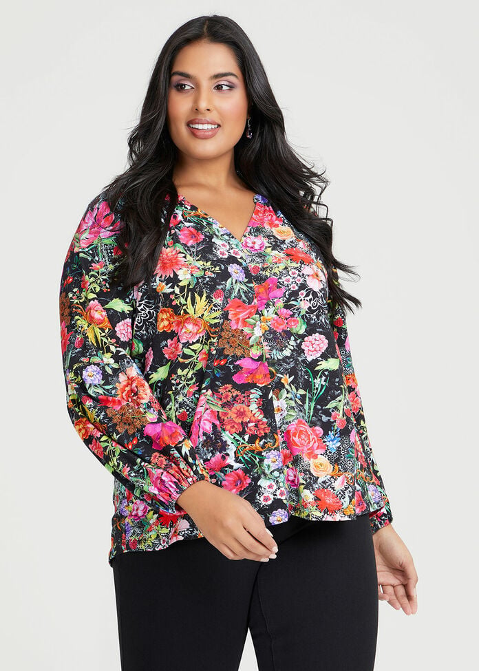 Phalaenopsis Flower Patch Colorblock Plus Size Pullover Top main image 1