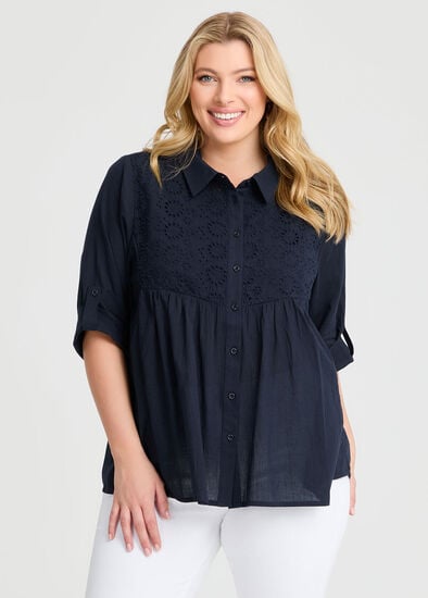 Plus Size Cotton Broderie Spliced Shirt