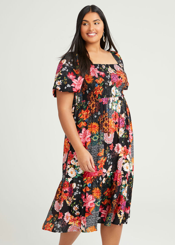 Shop Plus Size Natural Blooms Shirred Dress in Print | Sizes 12-30 ...