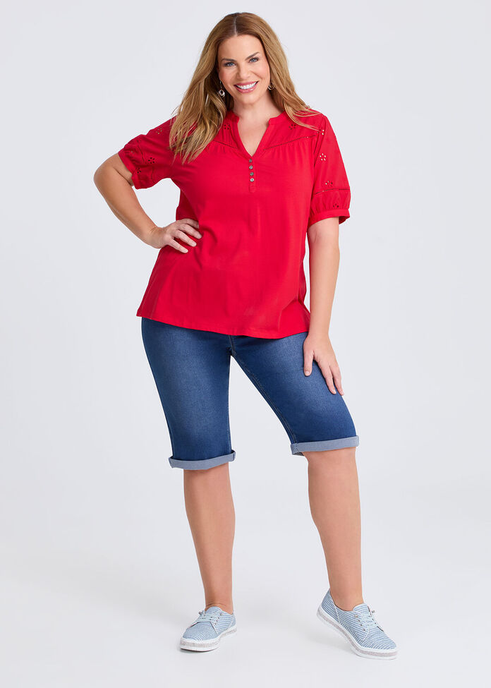 Cotton Broderie Puff Sleeve Top, , hi-res