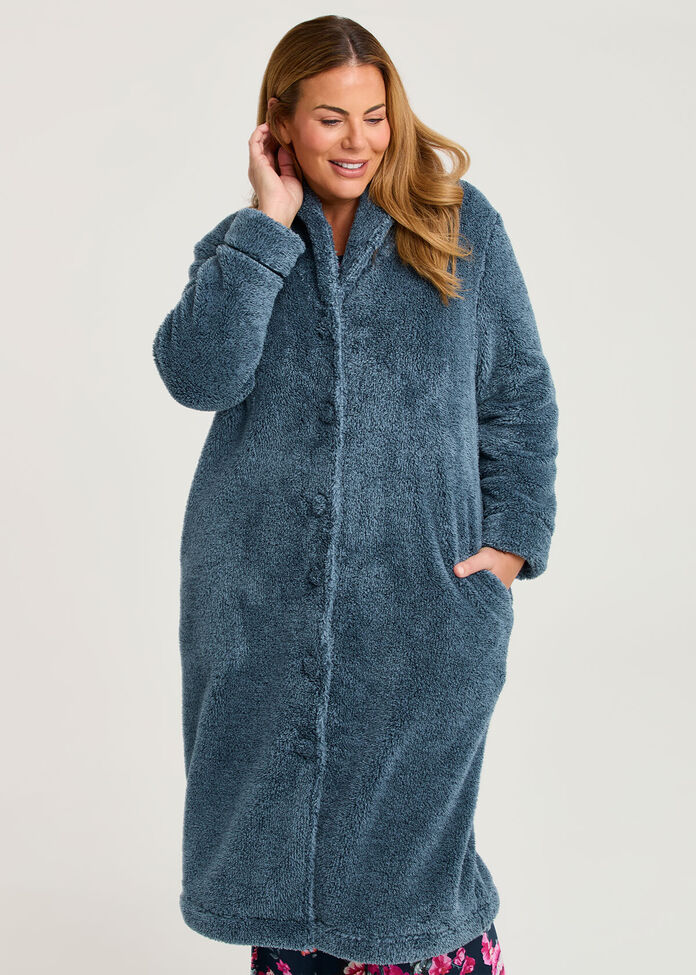 Plush Shawl Button Dressing Gown, , hi-res