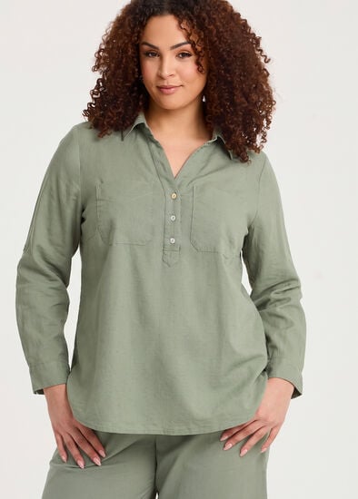 Plus Size Cotton Linen Collared Top