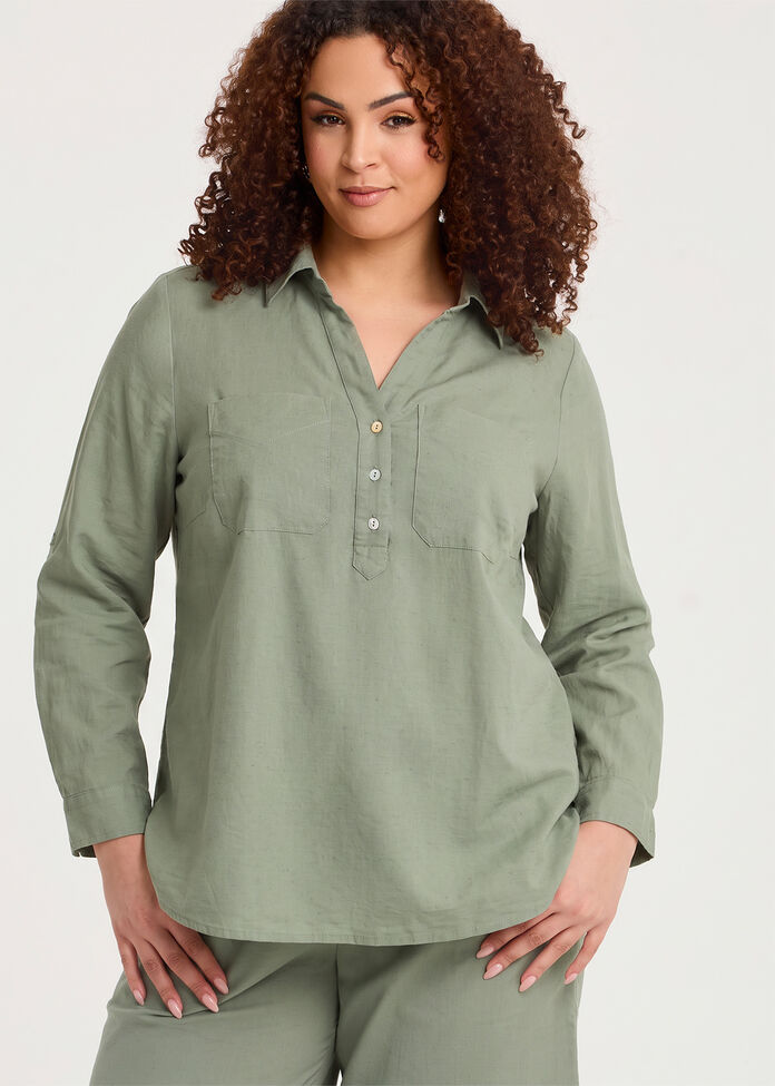Cotton Linen Collared Top, , hi-res