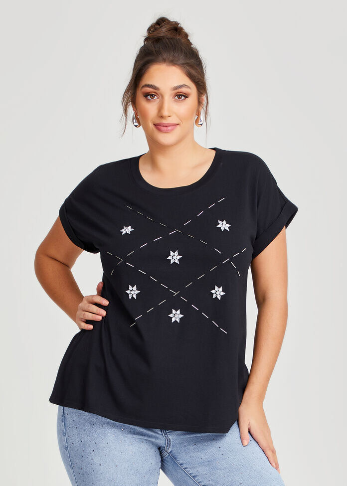 Cotton Modal Embellished T-shirt, , hi-res