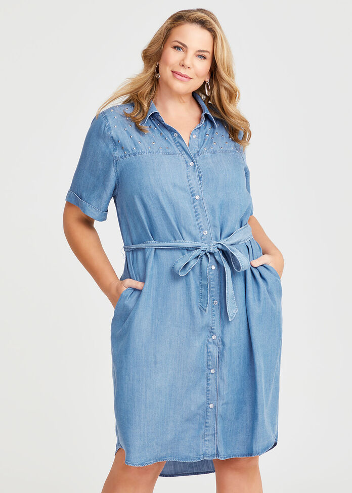 Chambray Embellished Dress, , hi-res
