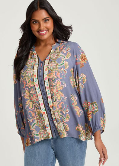 Plus Size Natural Jacobean Scarf Print Top