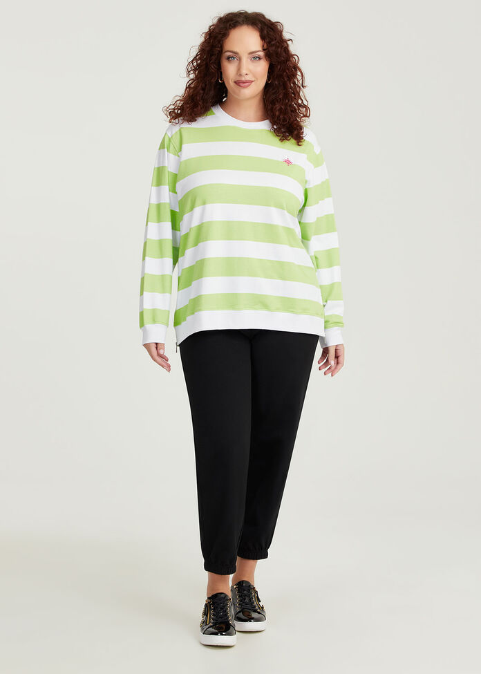 Cotton Block Stripe Sweatshirt, LUMINARY GREEN/WHITE, hi-res