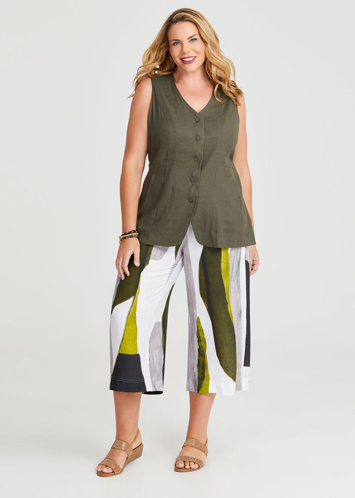 Stretch Linen Button Front Vest, , hi-res