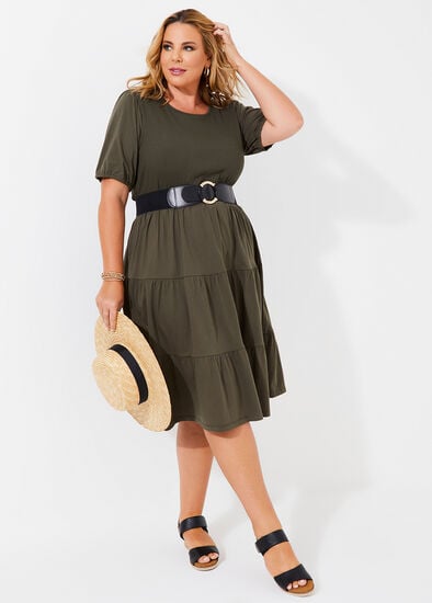 Plus Size Cotton Puff Sleeve Tiered Dress