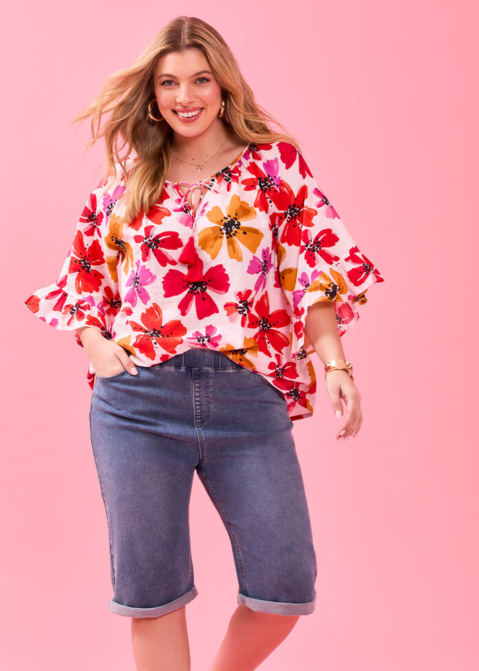 Cotton Watercolour Flowers Top, , hi-res