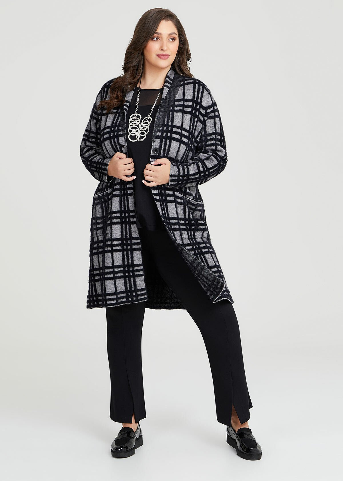 Shop Plus Size Fluffy Check Coatigan in Black Sizes 12 30