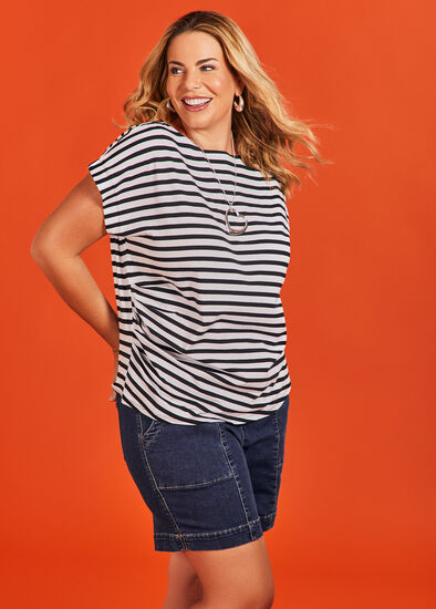 Plus Size Cotton Drape Waist Stripe Top