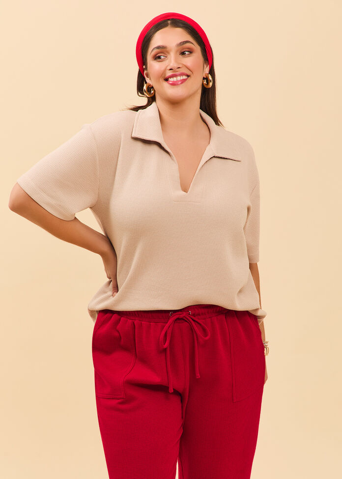 Waffle Collared Top, , hi-res