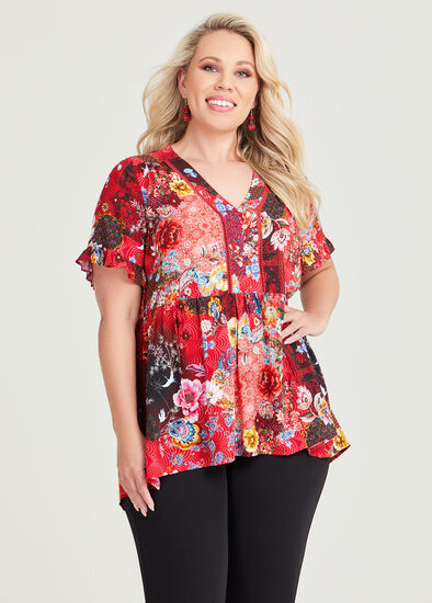 YOURS Curve Plus Size White & Red Floral Gypsy Top